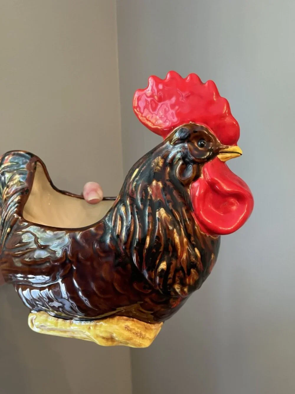 Vintage Ceramic Rooster Planter With Glossy Finish And Bold Colors